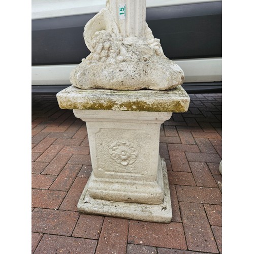 15 - 1 x concrete garden ornament of boy on plinth with base