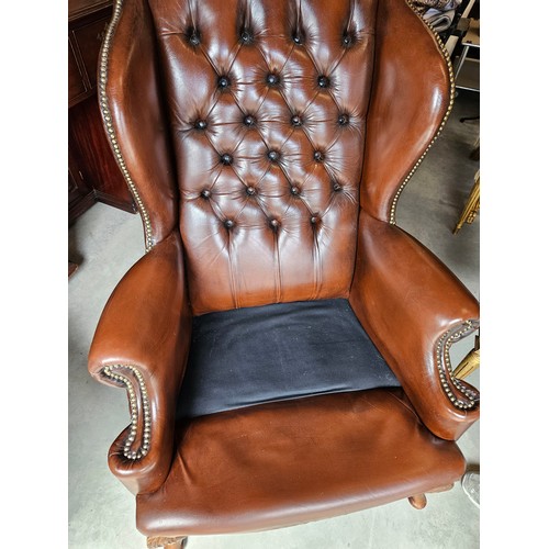 26 - Chesterfield Armchair, button back leather with cabriole legs