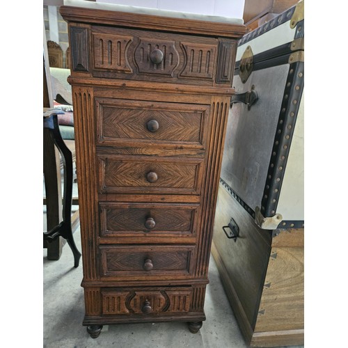 33 - Antique walnut pot cupboard with marble top and bun handles