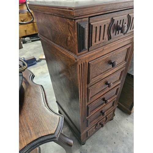 33 - Antique walnut pot cupboard with marble top and bun handles