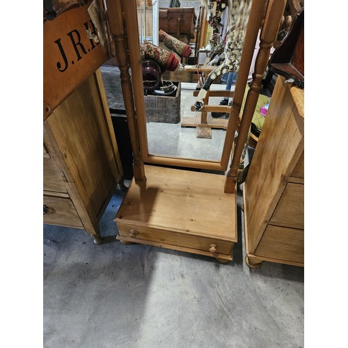 52 - Pine dressing mirror with beveled glass, on stand with drawer