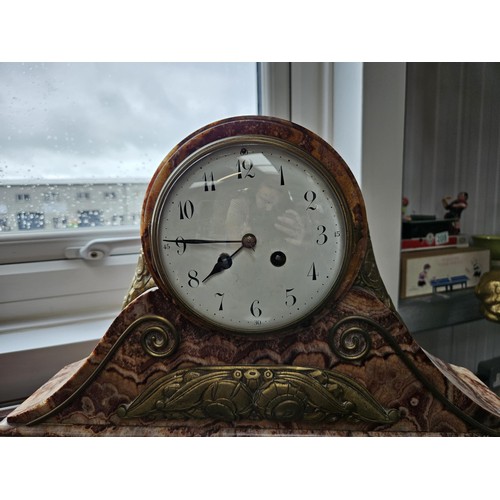 172 - Large marble and guilt brass mantle clock along with pendulum