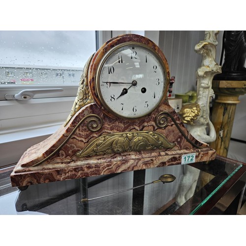 172 - Large marble and guilt brass mantle clock along with pendulum