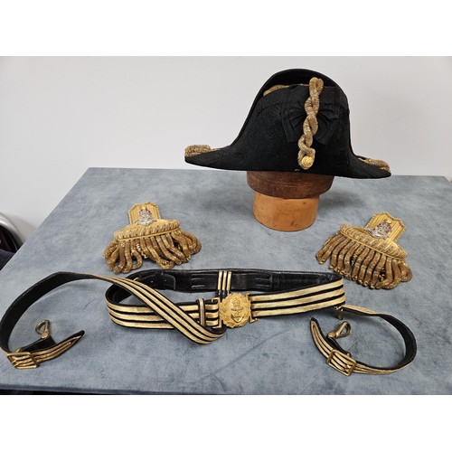 171 - Admiral F.R Parham 
An Edwardian full dress Royal Navy bicorn cocked hat, pair of epaulettes and swo... 