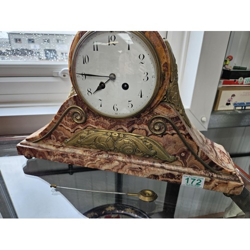 172 - Large marble and guilt brass mantle clock along with pendulum