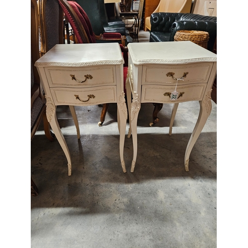 22 - White painted French Louis style bedside cabinets. 
Top needs re-painting
Has original glass