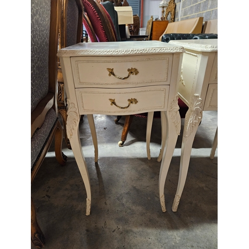 22 - White painted French Louis style bedside cabinets. 
Top needs re-painting
Has original glass