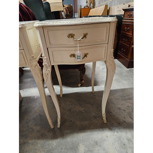 22 - White painted French Louis style bedside cabinets. 
Top needs re-painting
Has original glass