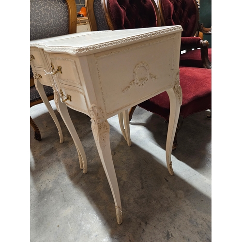 22 - White painted French Louis style bedside cabinets. 
Top needs re-painting
Has original glass