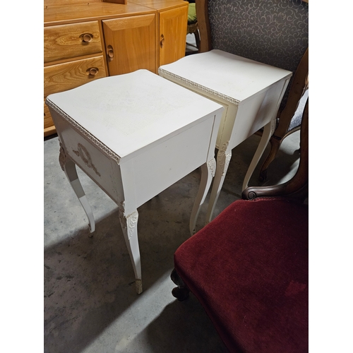 22 - White painted French Louis style bedside cabinets. 
Top needs re-painting
Has original glass