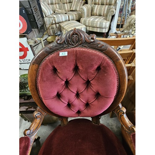 43 - Pair of red velvet mahogany arm chairs. His and Hers chairs. Button back