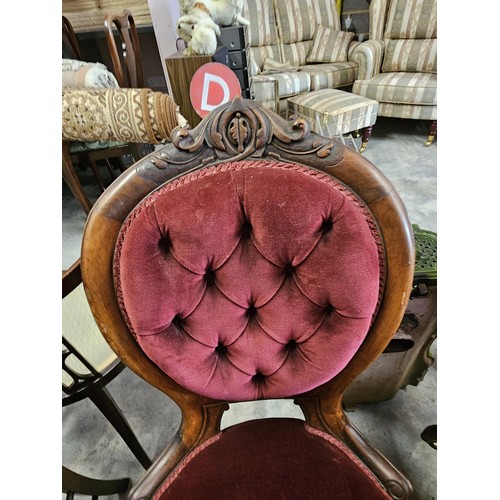 43 - Pair of red velvet mahogany arm chairs. His and Hers chairs. Button back