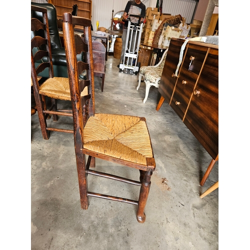 19 - 4 x Antique ladder back farmhouse dining chairs with rush seats.
All seat bases where recently re-ru... 