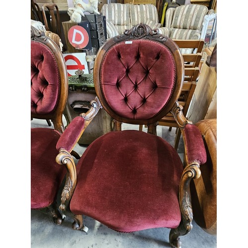 43 - Pair of red velvet mahogany arm chairs. His and Hers chairs. Button back