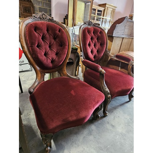 43 - Pair of red velvet mahogany arm chairs. His and Hers chairs. Button back