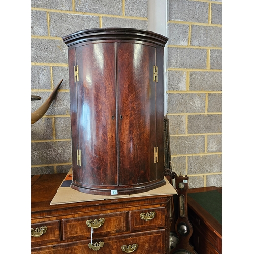 63 - Antique mahogany Georgian corner cupboard with H hinges and scalloped shelves.