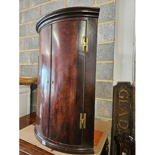 63 - Antique mahogany Georgian corner cupboard with H hinges and scalloped shelves.