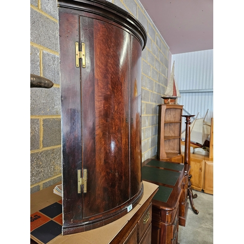 63 - Antique mahogany Georgian corner cupboard with H hinges and scalloped shelves.