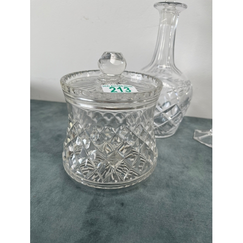 213 - Lot of various glass 
Biscuit barrel, candle sticks, rummer + decanter with non conforming stopper