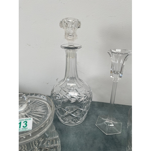 213 - Lot of various glass 
Biscuit barrel, candle sticks, rummer + decanter with non conforming stopper