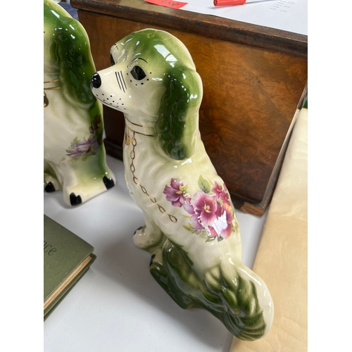 239 - Pair of Staffordshire flatback dogs 
Green with flowers