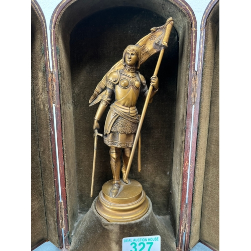 327 - Antique bronze figure of Joan of Ark in leather traveling case 

Signed to base - Ernest Justin Ferr... 