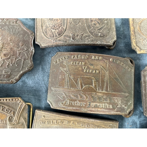 465 - 8 x American brass belt buckles 
Wells Fargo