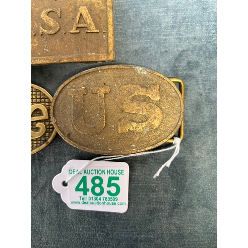 485 - 3 x American brass belt buckles