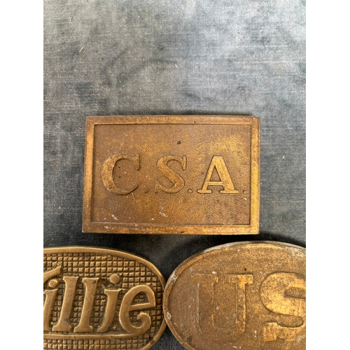 485 - 3 x American brass belt buckles