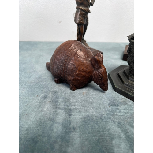 493 - 2 x Native American bronze figure
1 x Resin armadillo 
1 x Bronze model font