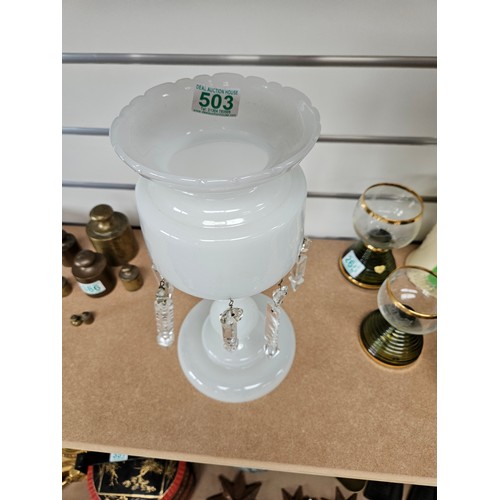 503 - White glass luster with hanging crystals