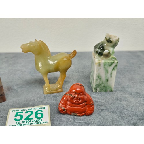 526 - 2 x Soapstone seals 
1 x jasper buddha 
1 x Jadeite type horse