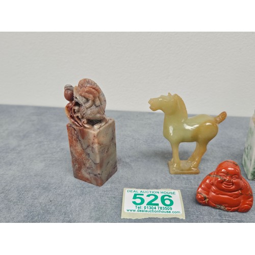 526 - 2 x Soapstone seals 
1 x jasper buddha 
1 x Jadeite type horse