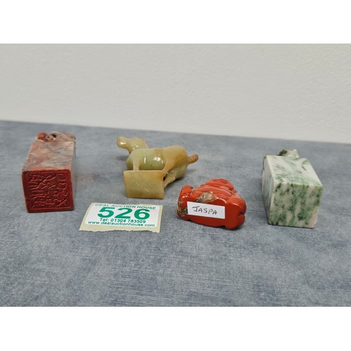 526 - 2 x Soapstone seals 
1 x jasper buddha 
1 x Jadeite type horse