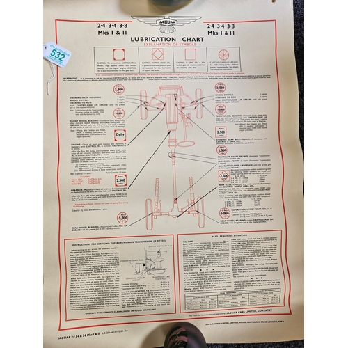 532 - 3 x Automobilia car lubrication charts 
Including - Jaguar Mk 1 & 2, Jaguar Mark Ten, Jaguar 3.4s