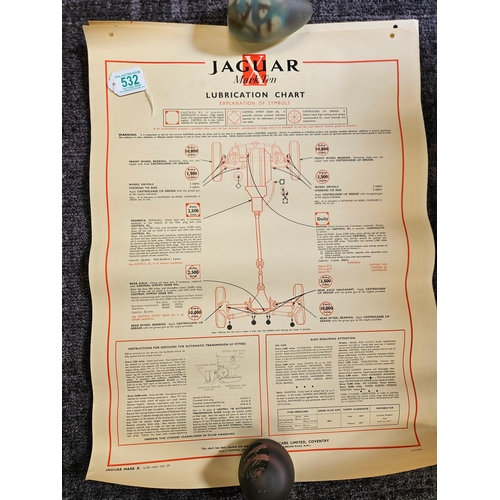 532 - 3 x Automobilia car lubrication charts 
Including - Jaguar Mk 1 & 2, Jaguar Mark Ten, Jaguar 3.4s