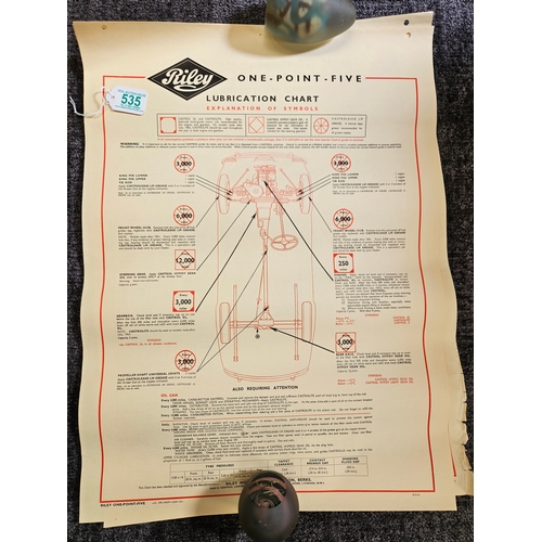 535 - 3 x Automobilia car lubrication charts 
Including - Riley Elf, Riley 1.5, Riley 468