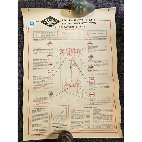 535 - 3 x Automobilia car lubrication charts 
Including - Riley Elf, Riley 1.5, Riley 468