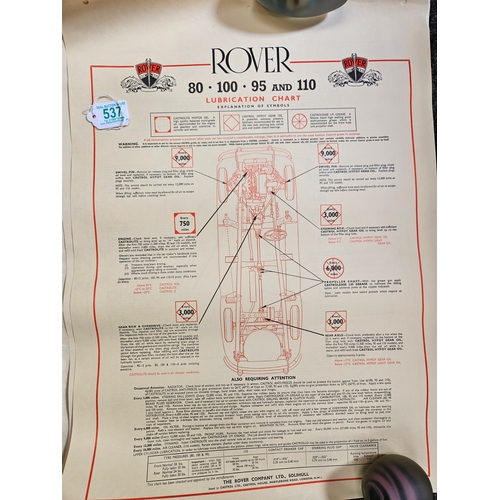 537 - 4 x Automobilia car lubrication charts 
Including - Land Rover Series 2, Rover, Rover 3 Litre