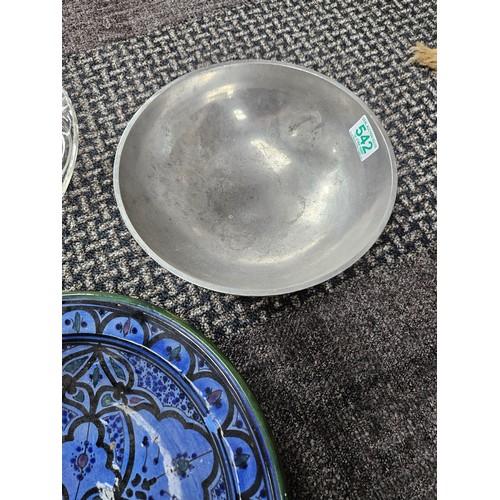 542 - 3 x bowls - Glass, blue pottery and metal bowl stamped 