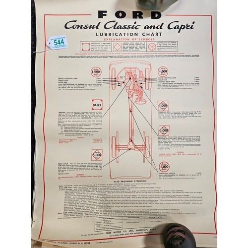 544 - 7 x Automobilia car lubrication charts 
Including - Ford Consul Corsair, Ford Capri, Ford Zodiac, Fo... 