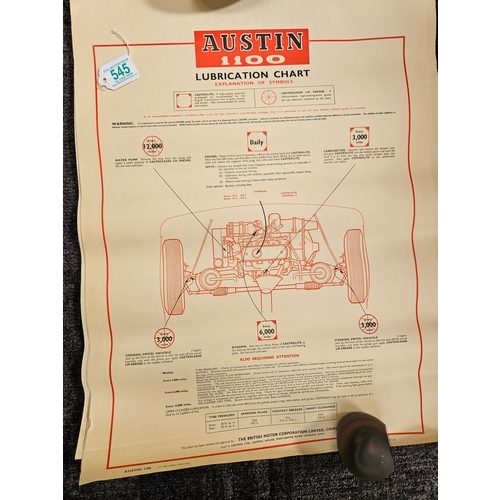 545 - 8 x Automobilia car lubrication charts 
Including - Morris Mini Minor, Austin 1100, Austin A40, Aust... 