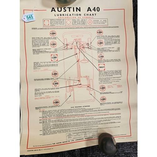 545 - 8 x Automobilia car lubrication charts 
Including - Morris Mini Minor, Austin 1100, Austin A40, Aust... 