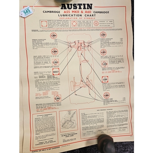 545 - 8 x Automobilia car lubrication charts 
Including - Morris Mini Minor, Austin 1100, Austin A40, Aust... 