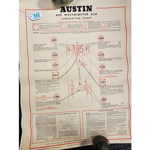 545 - 8 x Automobilia car lubrication charts 
Including - Morris Mini Minor, Austin 1100, Austin A40, Aust... 