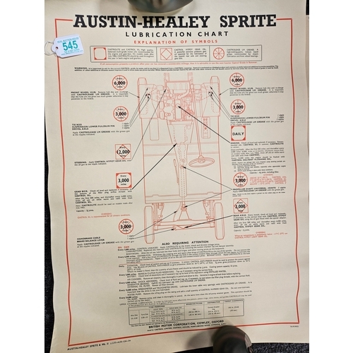 545 - 8 x Automobilia car lubrication charts 
Including - Morris Mini Minor, Austin 1100, Austin A40, Aust... 