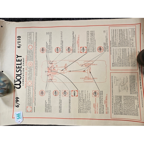 546 - 4 x Automobilia car lubrication charts 
Including - Wolseley Hornet, Wolseley 1500