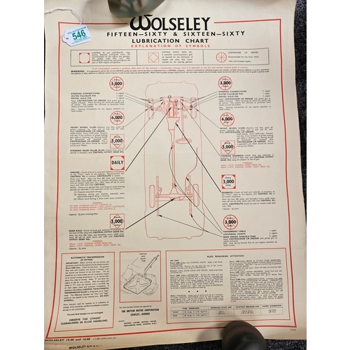 546 - 4 x Automobilia car lubrication charts 
Including - Wolseley Hornet, Wolseley 1500