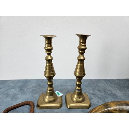 556 - 2 x Brass candlesticks, horn with copper banding + a dockers hook