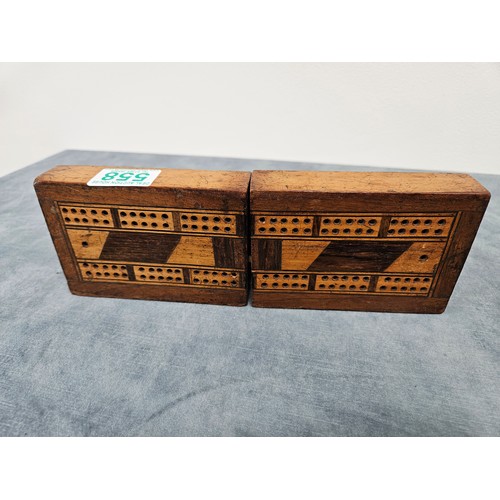 558 - Vintage dominos in a wooden cribbage board box + box with drawers